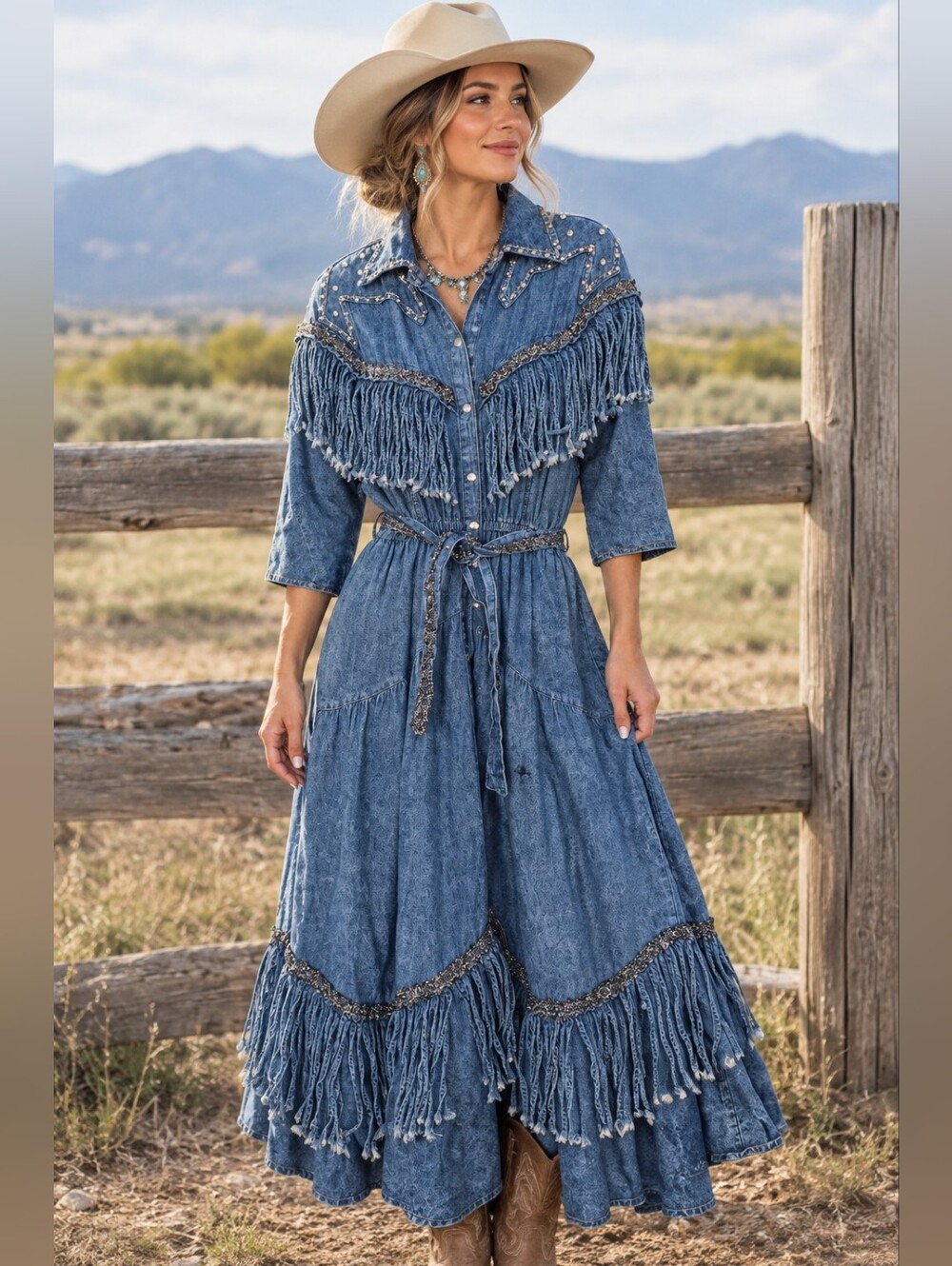 Fringed Blue Denim Shirt Dress Embellished Details Vintage Varda Garfinkel Jean